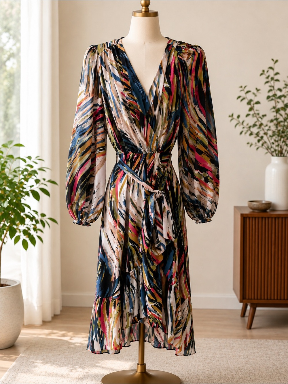 New York & Company Teal and Multicolor Wrap Dress